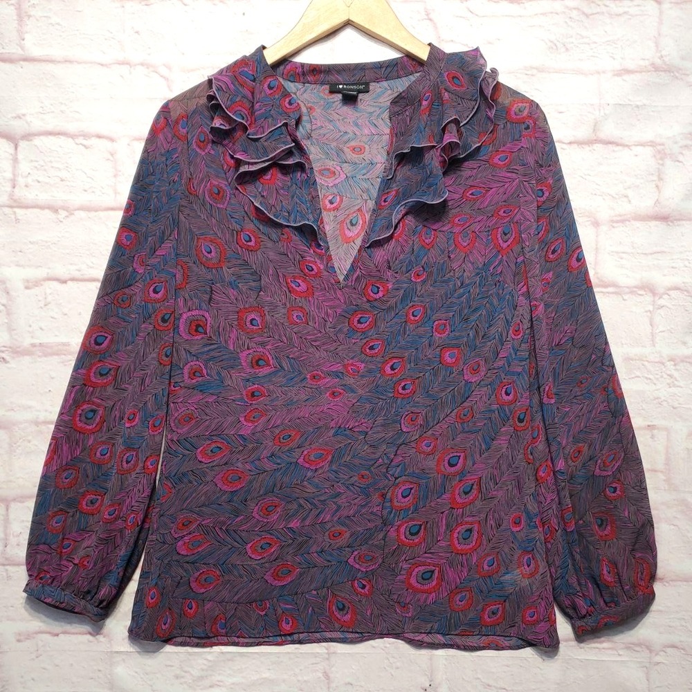 I Heart Ronson Peacock Feather Ruffle Sheer Whimsigoth Boho Fairy Top Womens XS‎